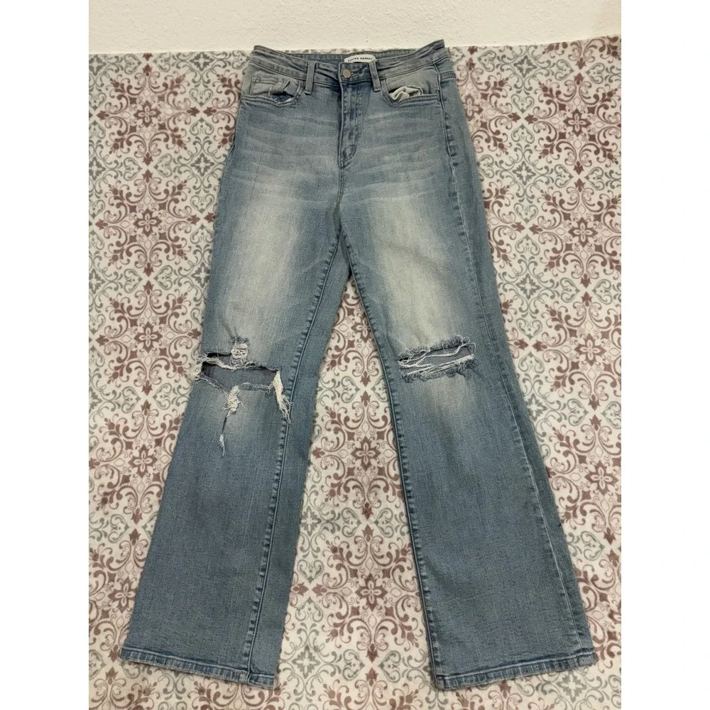 Flying Monkey Distressed High Rise Flare Jeans Light Wash Blue Size 28 F4547